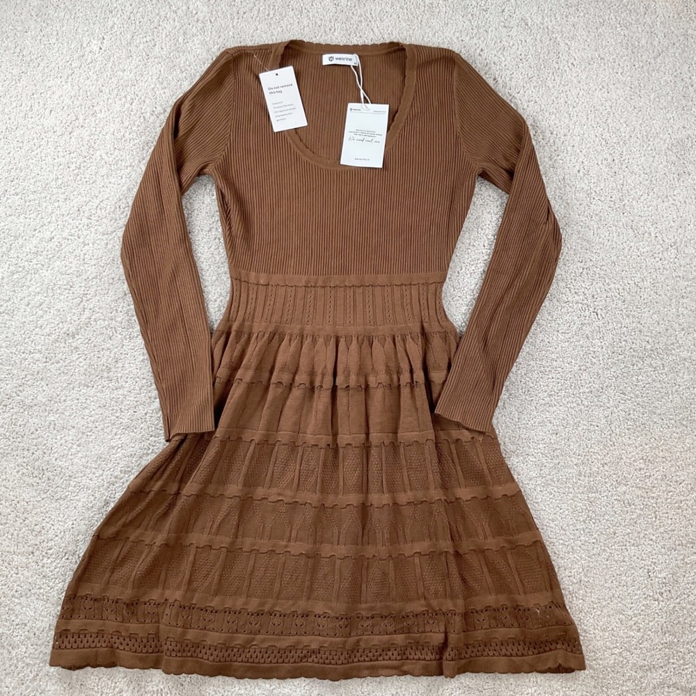 Wenrine Brown Long Sleeve Ribbed Knit Fit & Flare Pointelle Mini Dress NWT MED